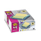 Krabice s Post-it® Z-Notes Dispenser XL, černá od 3M Deutschland GmbH se super lepivým žlutým, linkovaným poznámkovým blokem (101 mm x 101 mm, 90 listů) zobrazuje informace o produktu, branding a obrázek dávkovače v akci.