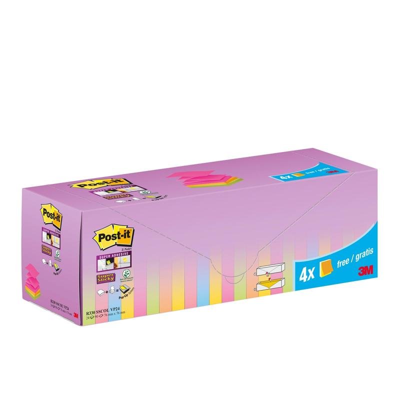 Obdélníková krabice Post-it® Super Sticky Z-Notes (76 x 76 mm) v různých barvách, 20 bloků + 4 zdarma (promo), 90 listů/blok, od 3M Deutschland GmbH. S fialovými, žlutými a modrými etiketami v pastelových barvách a PEFC kartonovým balením.