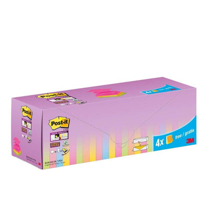 Obdélníková krabice Post-it® Super Sticky Z-Notes (76 x 76 mm) v různých barvách, 20 bloků + 4 zdarma (promo), 90 listů/blok, od 3M Deutschland GmbH. S fialovými, žlutými a modrými etiketami v pastelových barvách a PEFC kartonovým balením.