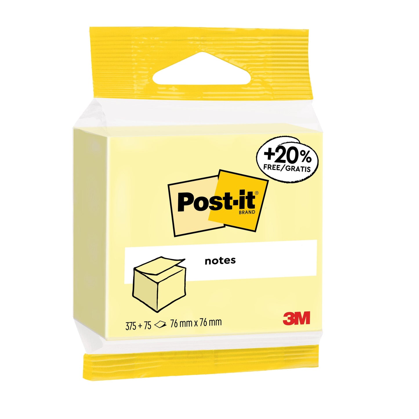 Balení Post-it® Notes (žluté, 76 mm x 76 mm, 450 listů) od 3M Deutschland GmbH. Včetně "+20% zdarma", s obrázkem kostky a PEFC certifikací (SGSCH-PEFC-COC-110078), 1 blok/balení.