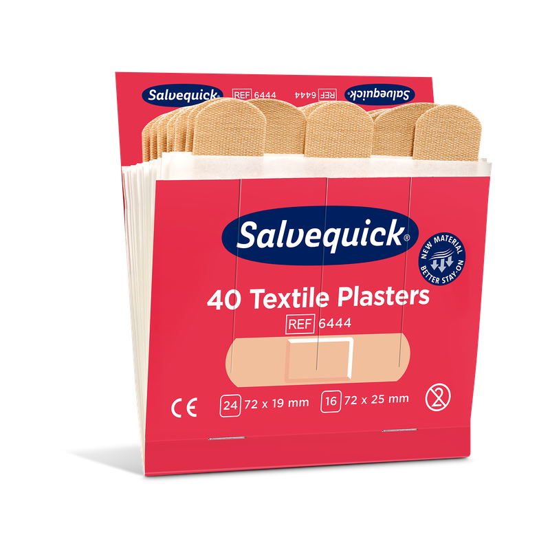 Eine geöffnete Orkla Wound Care AB Textilgips Schachtel (40 stk./Nachfüllung | Packung, 6 Stück) zeigt beige Textilpflaster. Die Verpackung hebt die schnelle Wundversorgung, verschiedene Größen und Produktzertifizierungen hervor.