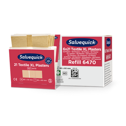 Zobrazeny jsou dvě krabičky Orkla Wound Care AB XL textilgips (21 kusů/balení, 6 kusů) - jedna otevřená s obvazy, druhá zavřená. Pro malé zranění; Velikosti: 80x30 mm, 80x60 mm; Ref: 6470. Počet kusů: 21/126.