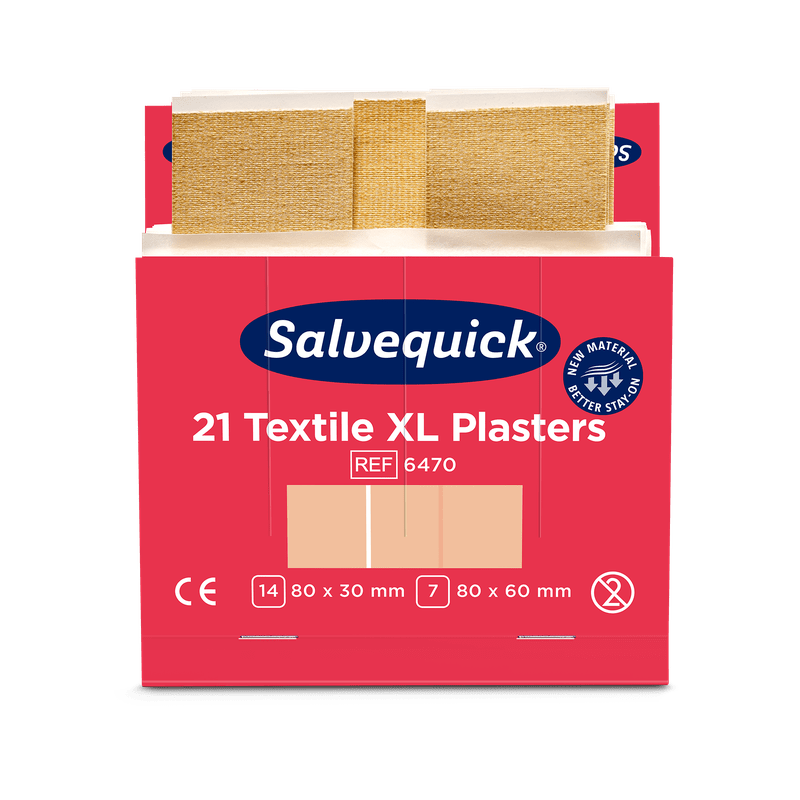 Červeno-bílá krabička s nápisem "Orkla Wound Care AB Xl textilgips, 21 kusů/mine | Balíček (6 kusů)" se dvěma béžovými textilními náplastmi o velikosti 80 x 30 mm a 80 x 60 mm a s údaji o produktu a certifikaci.