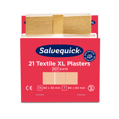 Červeno-bílá krabička s nápisem "Orkla Wound Care AB Xl textilgips, 21 kusů/mine | Balíček (6 kusů)" se dvěma béžovými textilními náplastmi o velikosti 80 x 30 mm a 80 x 60 mm a s údaji o produktu a certifikaci.