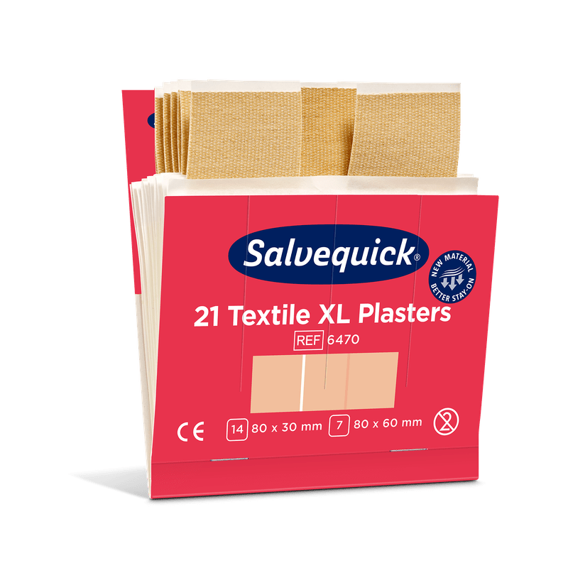 Krabička Orkla Wound Care AB XL textilgips, 21 kusů/Mini (balení 6 kusů), s béžovými textilními náplastmi uvnitř. Balení obsahuje název produktu, velikosti, označení CE, odolnost proti vodě a je ideální pro malé zranění.