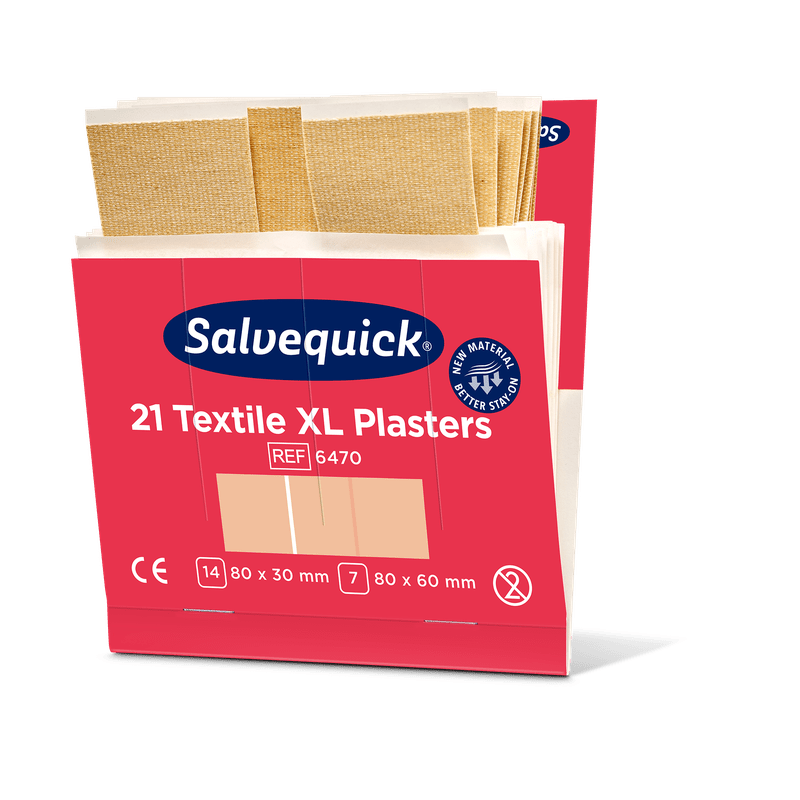 Růžovo-bílá krabička od Orkla Wound Care AB s nápisem "Xl textilgips, 21 kusů/mine | Balíček (6 kusů)" obsahuje velké textilní náplasti ve dvou velikostech: 80x30 mm a 80x60 mm. Nahoře na otevřené krabičce je vidět několik béžových náplastí.