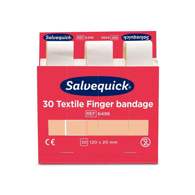 Na červené krabičce od Orkla Wound Care AB s nápisem "Textilní prstová bandáž, 120 x 20 mm, 30 ks/náplň" (balení po 6 kusech) jsou částečně viditelné tři béžové bandáže nahoře.
