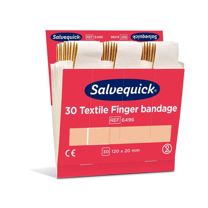 Otevřená červená krabička od Orkla Wound Care AB s nápisem "Textilní prstová bandáž, 120 x 20 mm, 30 ks/náplň | Balení (6 kusů)" ukazuje uvnitř béžové bandáže. Na obalu jsou uvedeny rozměry a různé symboly produktu.