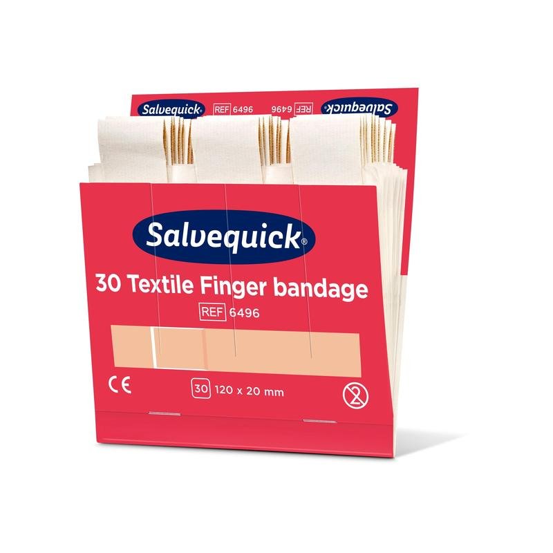 Balení Orkla Wound Care AB Textilní prstová bandáž, 120 x 20 mm, 30 ks/náplň (balení po 6 kusech), ukazuje několik béžových bandáží a informace o produktu na krabičce.