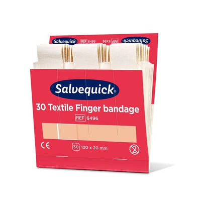 Balení Orkla Wound Care AB Textilní prstová bandáž, 120 x 20 mm, 30 ks/náplň (balení po 6 kusech), ukazuje několik béžových bandáží a informace o produktu na krabičce.