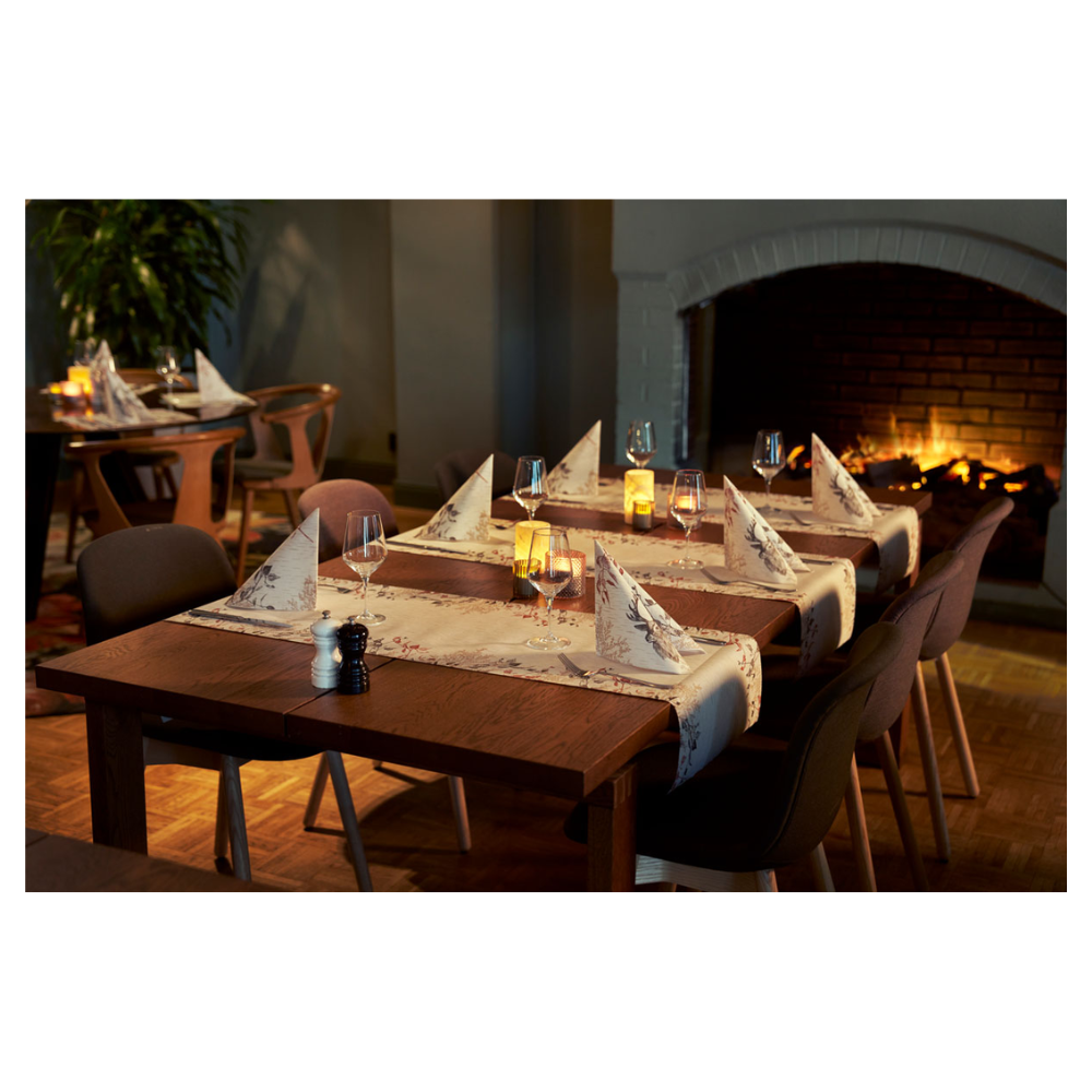 Útulná jídelní oblast obsahuje dva dřevěné stoly s vinnými sklenicemi a ubrousky Duni Bio Dunisoft® vedle blikajících svíček. Tmavé židle obklopují stoly, vylepšené hořícím krbem. Plyšové sedací soupravy a rostlina přispívají k designu inspirovanému přírodou.