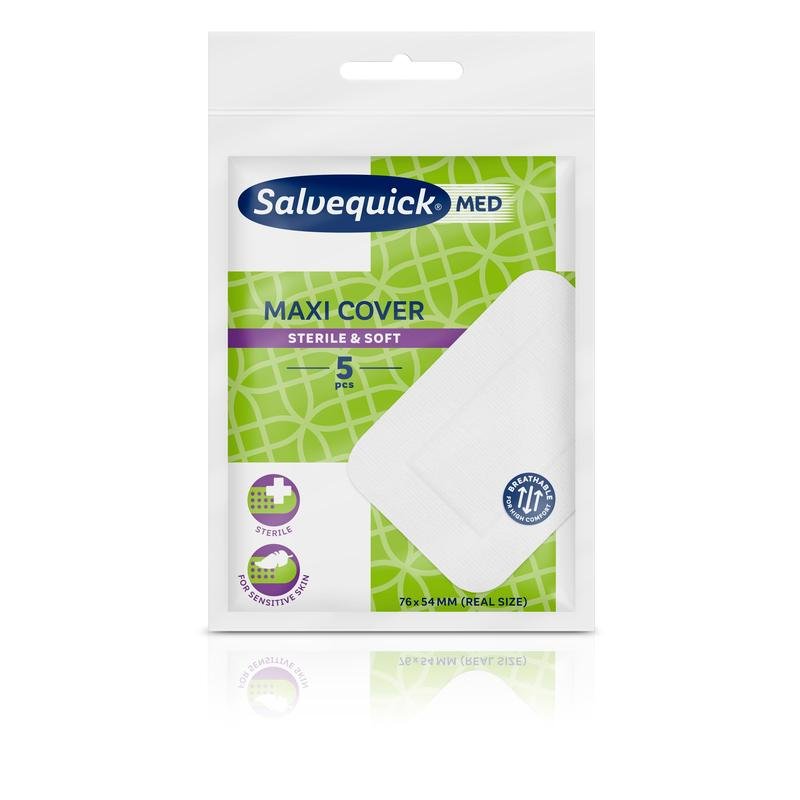 Na obrázku je balení Salvequick Maxi Obvaz 76x54 mm od Orkla Wound Care AB. Zeleno-bílá krabička obsahuje 5 sterilních, měkkých obvazů a na přední straně zobrazuje informace o produktu a obrázek obvazu.