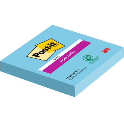 Ein blauer Block der 3M Deutschland GmbH Post-it® Super Sticky Notes, 76 mm x 76 mm, 90 Blatt pro Block, mit Logo und Produktinformation auf der Verpackung; aus 100% PEFC-zertifiziertem Material.