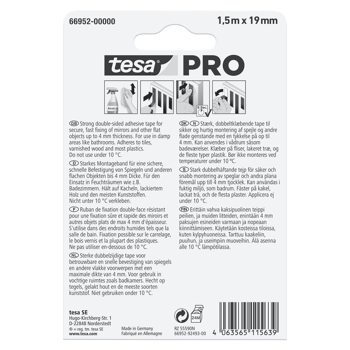tesa PRO 66952 Mounting Spiegel, weiß 1,5 m x 19 mm