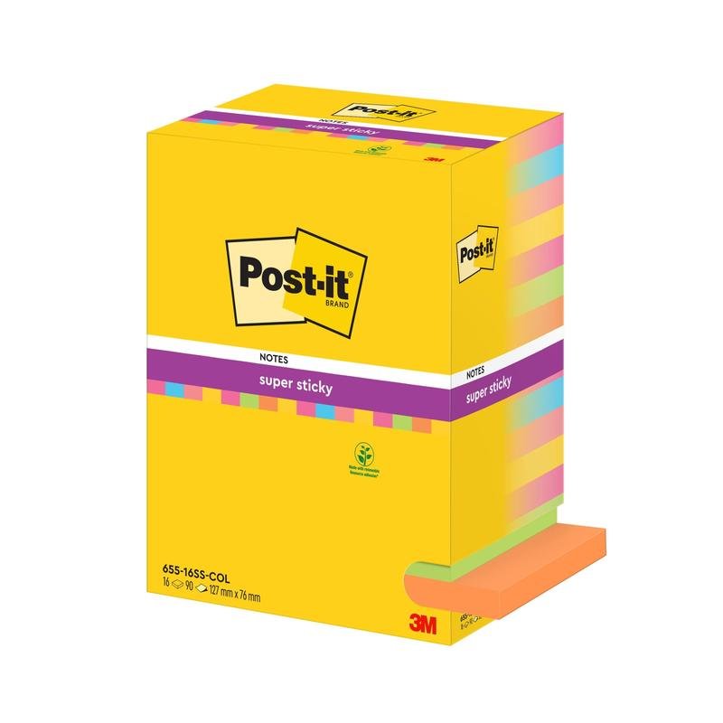 Balíček Post-it® Super Sticky Notes od 3M Deutschland GmbH, různé barvy, 76x127mm, 90 listů/blok, 16 bloků/balíček, 100% PEFC. Na obalu je zobrazeno logo Post-it a informace o produktu.