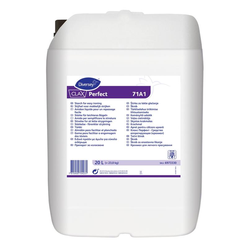 Bílý plastový kontejner o objemu 20 litrů s nápisem "Diversey Deutschland GmbH & Co. OHG Clax Perfect 71A1, Přírodní tekutý škrob". Ideální pro profesionální čištění textilu; štítek obsahuje informace v několika jazycích a čárový kód.