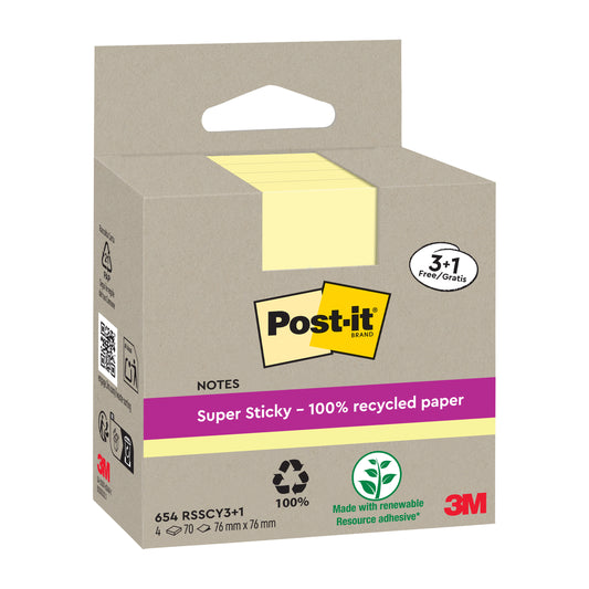 Eine beigefarbene Schachtel mit Post-it® Super Sticky 100% Recycling Notes (76 x 76 mm, 70 Blatt/Block, PEFC-zertifiziert) der 3M Deutschland GmbH zeigt das Logo, umweltfreundliche Symbole, ein lila Textband und vier gelbe Blöcke, die teilweise im Inneren sichtbar sind.