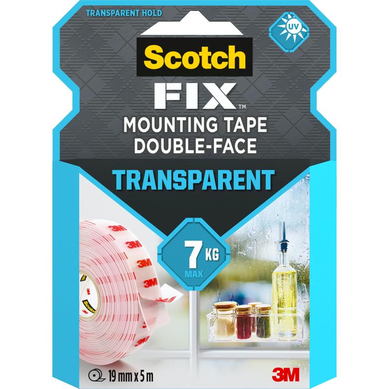 Průhledná oboustranná montážní páska Scotch-FIX™ 4910C od společnosti 3M Deutschland GmbH, 19 mm x 5 m, unese až 7 kg. Obal zobrazuje roli lepicí pásky a sklenice na parapetu.