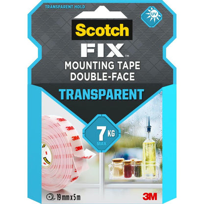 Průhledná oboustranná montážní páska Scotch-FIX™ 4910C od společnosti 3M Deutschland GmbH, 19 mm x 5 m, unese až 7 kg. Obal zobrazuje roli lepicí pásky a sklenice na parapetu.