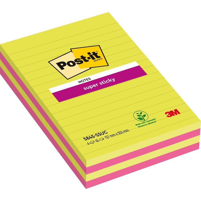 Balíček Post-it® Super Sticky Notes ve velkém formátu od 3M Deutschland GmbH, linkovaný, 127 x 203 mm, různé barvy, 45 listů na blok, 4 bloky na balení. Vyrobeno ze 100% PEFC certifikovaného papíru.
