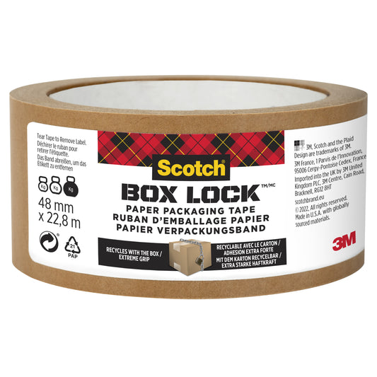 Eine 48 mm x 22,8 m große Rolle Scotch® Box Lock™ Papier-Verpackungsband von 3M Deutschland GmbH, mit zweisprachiger englischer und französischer Beschriftung und Recycling-Hinweisen auf der Verpackung.