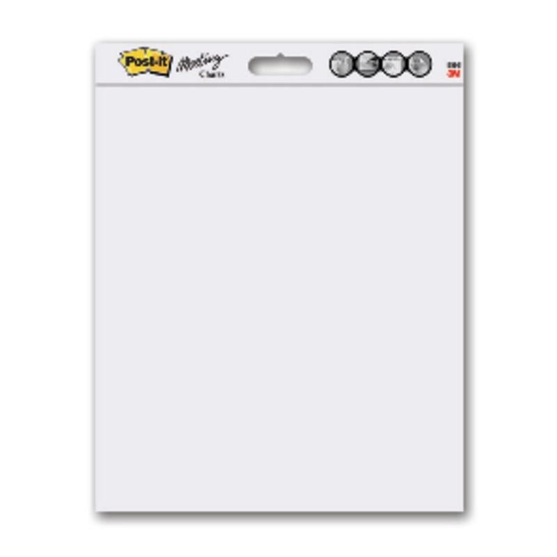 Bílé Post-it® Super Sticky samolepicí schéma/flipchart na schůzky pro montáž na stěnu 566 (58,4 x 50,8 cm, 20 listů, 2 bloky) od 3M Deutschland GmbH s nevytištěným krycím listem, ve vertikálním balení s logem a obrázkem pro montáž na stěnu.