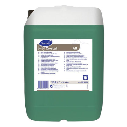 Zelená 10litrová plastová nádoba s bílým víčkem a etiketou Diversey Deutschland GmbH & Co. OHG, ukazuje Suma Crystal A8, Kyselý oplachovač; ideální jako kyselý oplachovač pro profesionální myčky nádobí při čištění nádobí.