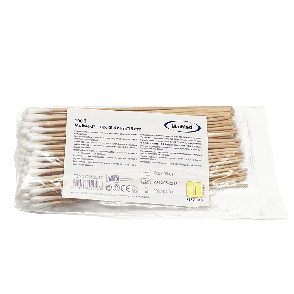 MaiMed - Tip nesterilní vatový tampon, 15 cm dlouhý, dřevěná tyčinka | Balení (100 kusů)