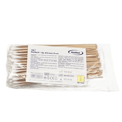 MaiMed - Tip nesterilní vatový tampon, 15 cm dlouhý, dřevěná tyčinka | Balení (100 kusů)