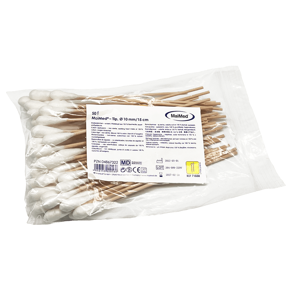 MaiMed - Tip nesterilní vatový tampon, 15 cm dlouhý, dřevěná tyčinka | Balení (100 kusů)
