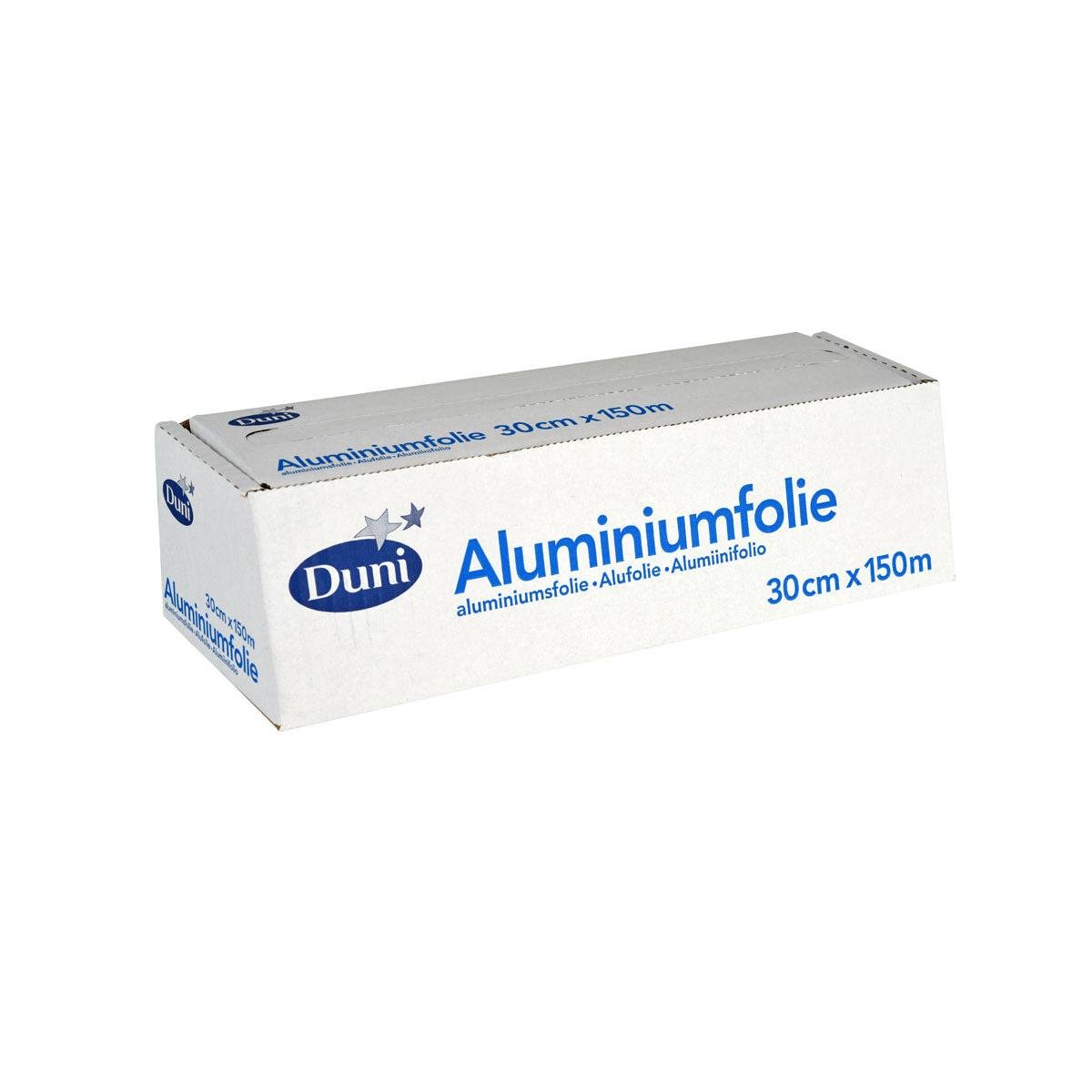 Obdélníková stříbrná hliníková fólie od společnosti Duni GmbH, modře označená "Hliníková fólie", 30 cm x 150 m, ideální pro tepelně odolné balení potravin.