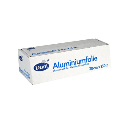 Obdélníková stříbrná hliníková fólie od společnosti Duni GmbH, modře označená "Hliníková fólie", 30 cm x 150 m, ideální pro tepelně odolné balení potravin.