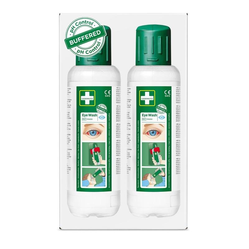 Cederroth oční výplach 2 x 500 ml od Orkla Wound Care AB: Dvě bílé lahve se zeleným uzávěrem a etiketou oka s nápisem pH Control Buffered. Perfektní pro rychlou reakci při očních nehodách. Balení obsahuje 2 kusy (balení po 2).