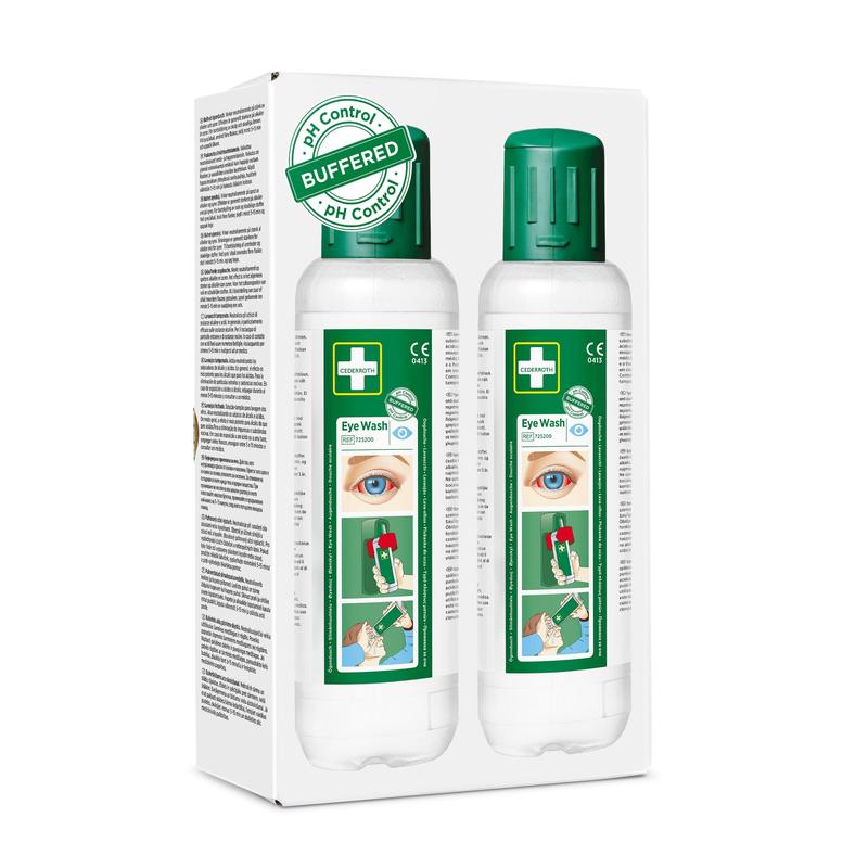 Cederroth oční výplach 2 x 500 ml, balení po 2 od Orkla Wound Care AB obsahuje dvě lahve se zeleným uzávěrem a jasnými pokyny - nezbytné pro rychlou pomoc při očních poraněních.