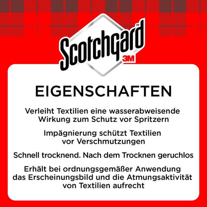 Produktová etiketa Scotchgard™ textilního impregnátoru (400 ml, 3M Deutschland GmbH) zobrazuje logo Scotchgard 3M a německý popis vodoodpudivé ochrany, ochrany proti skvrnám a prodyšnosti.