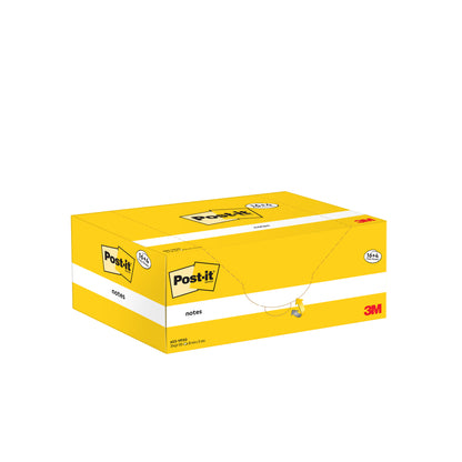 Na obrázku je žluto-bílý propagační balíček lepicích bločků Post-it® (3M Deutschland GmbH), žlutý, 38x51mm, 100 listů/blok, 16 bloků + 4 zdarma, 100% PEFC certifikace (SGSCH-PEFC-COC-110078), na bílém pozadí.