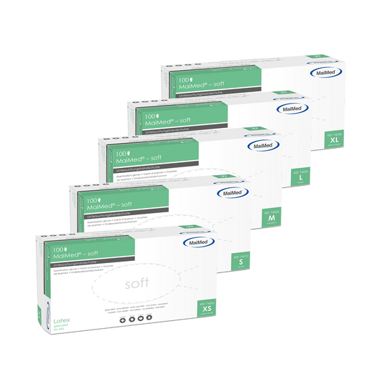 Vyšetřovací rukavice MaiMed měkké latexové, nesterilní, pudrované, 100 kusů/krabice