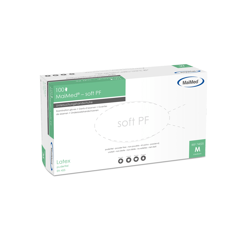 MaiMed-soft PF latexové vyšetřovací rukavice nesterilní bez pudru 100 kusů/krabice