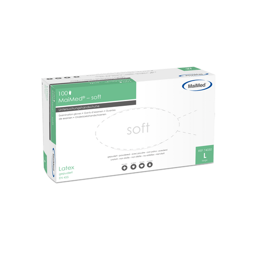 Vyšetřovací rukavice MaiMed měkké latexové, nesterilní, pudrované, 100 kusů/krabice