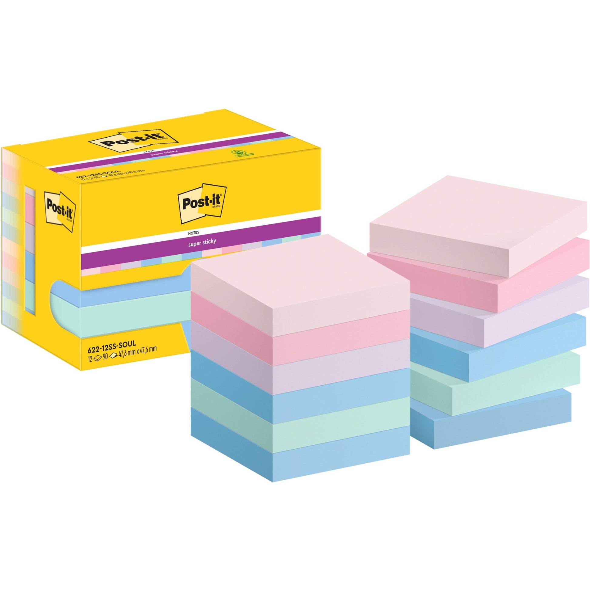 Eine gelbe Schachtel Post-it® Super Sticky Notes (47,6 mm x 47,6 mm, 90 Blatt/Block, 100% PEFC) der 3M Deutschland GmbH steht neben zwei Stapeln pastellfarbener Blöcke mit rosa, blauen, grünen und lila Blättern.