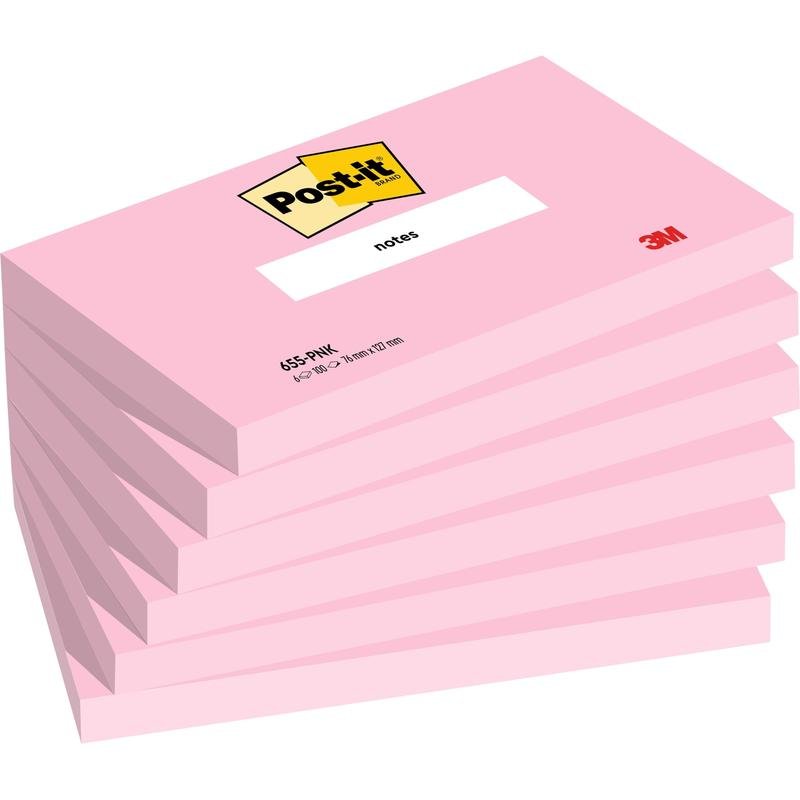 Stoh šesti růžových Post-it® poznámkových lístků (76 x 127 mm, 100 listů/blok, 100% PEFC) od 3M Deutschland GmbH, přičemž každý blok má nahoře logo "Post-it" a vpravo dole nápis "3M".