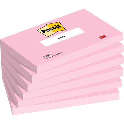Stoh šesti růžových Post-it® poznámkových lístků (76 x 127 mm, 100 listů/blok, 100% PEFC) od 3M Deutschland GmbH, přičemž každý blok má nahoře logo "Post-it" a vpravo dole nápis "3M".