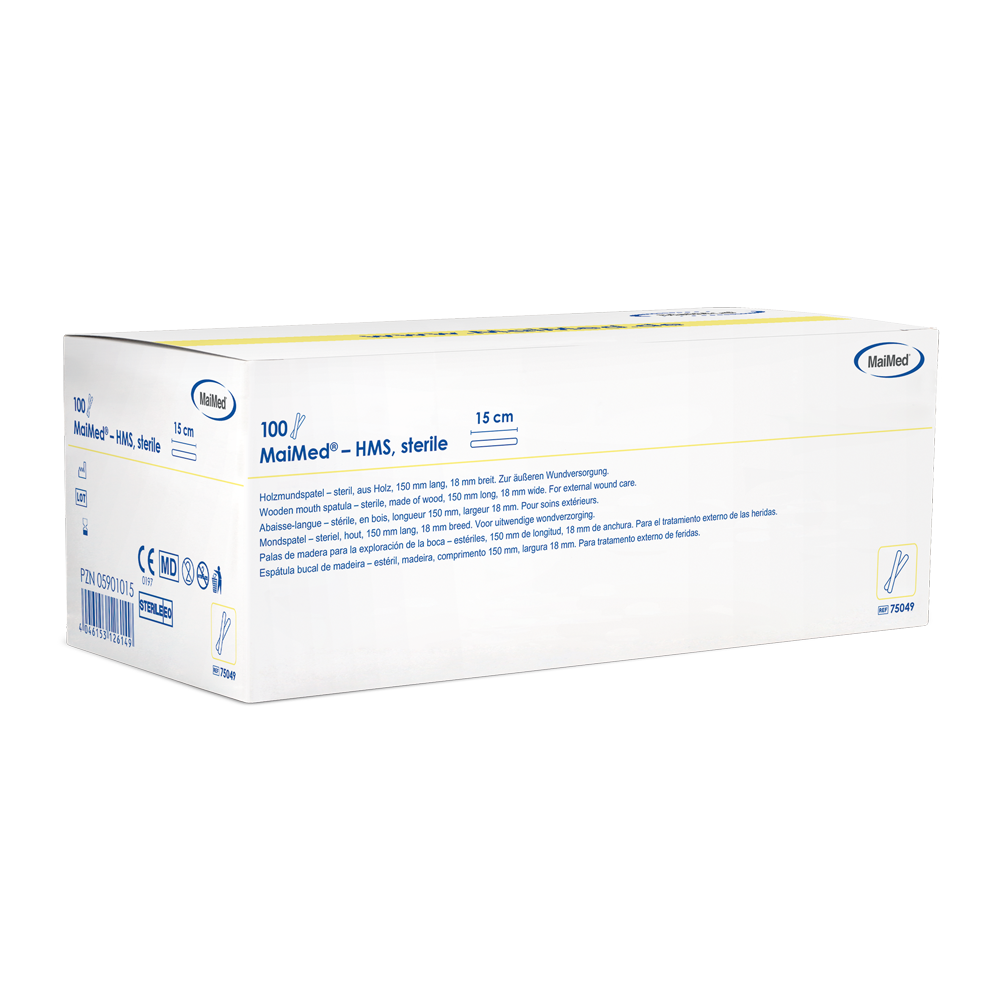 MaiMed - HMS sterilní dřevěný depresor úst, 15cm dlouhý, 100x1 ks. sterilně balené | Krabice (100 kusů)