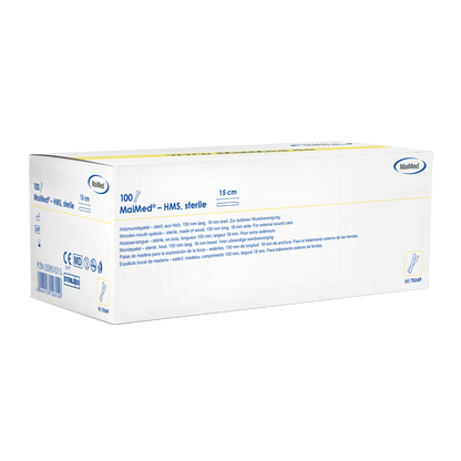 MaiMed - HMS sterilní dřevěný depresor úst, 15cm dlouhý, 100x1 ks. sterilně balené | Krabice (100 kusů)
