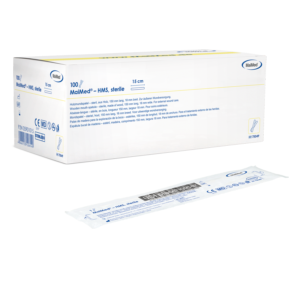 MaiMed - HMS sterilní dřevěný depresor úst, 15cm dlouhý, 100x1 ks. sterilně balené | Krabice (100 kusů)