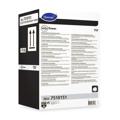 Bílá krabice Suma Power T57 Alkalibooster pro strojní myčky nádobí od Diversey Deutschland GmbH & Co. OHG, s vícejazyčným návodem, černou stranou a SKU 7510151 na dvou etiketách.