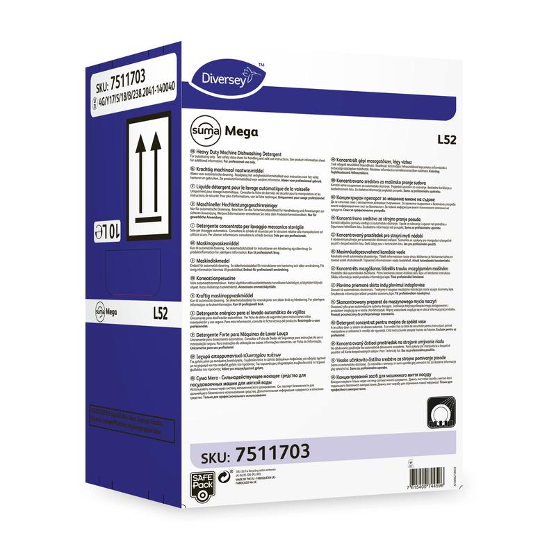 Čisticí prostředek na nádobí Diversey Deutschland Suma Mega L52 pro měkkou vodu je dodáván v obdélníkové krabici s informacemi o produktu, návody k použití a bezpečnostními symboly na přední a boční stěně.