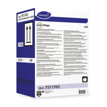 Čisticí prostředek na nádobí Diversey Deutschland Suma Mega L52 pro měkkou vodu je dodáván v obdélníkové krabici s informacemi o produktu, návody k použití a bezpečnostními symboly na přední a boční stěně.
