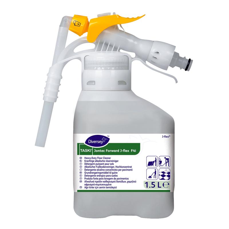 1,5litrová láhev TASKI Jontec Forward čističe podlahových ploch vysoké koncentrace od Diversey Deutschland GmbH & Co. OHG se žluto-bílou stříkací tryskou – efektivní řešení pro čištění podlah a povrchů v náročných prostředích.