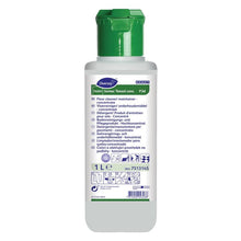 Eine 1-Liter-Weißflasche TASKI Jontec Tensol Hochkonzentrat-Reiniger von Diversey Deutschland GmbH & Co. OHG, ein konzentrierter Bodenreiniger mit grünem Deckel und mehrsprachiger Anleitung auf dem Vorderetikett.